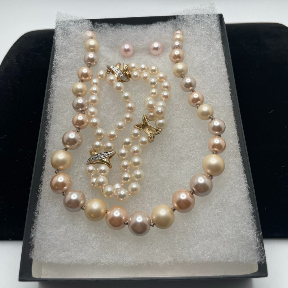 Pastel pearl necklace, earrings and bracelet set